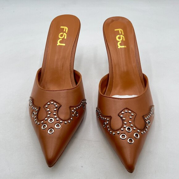 FSJ Sandy Brown Gorgeous Studded Pointed Toe Mules Stiletto Heel Slip On Shoes - Picture 3 of 8